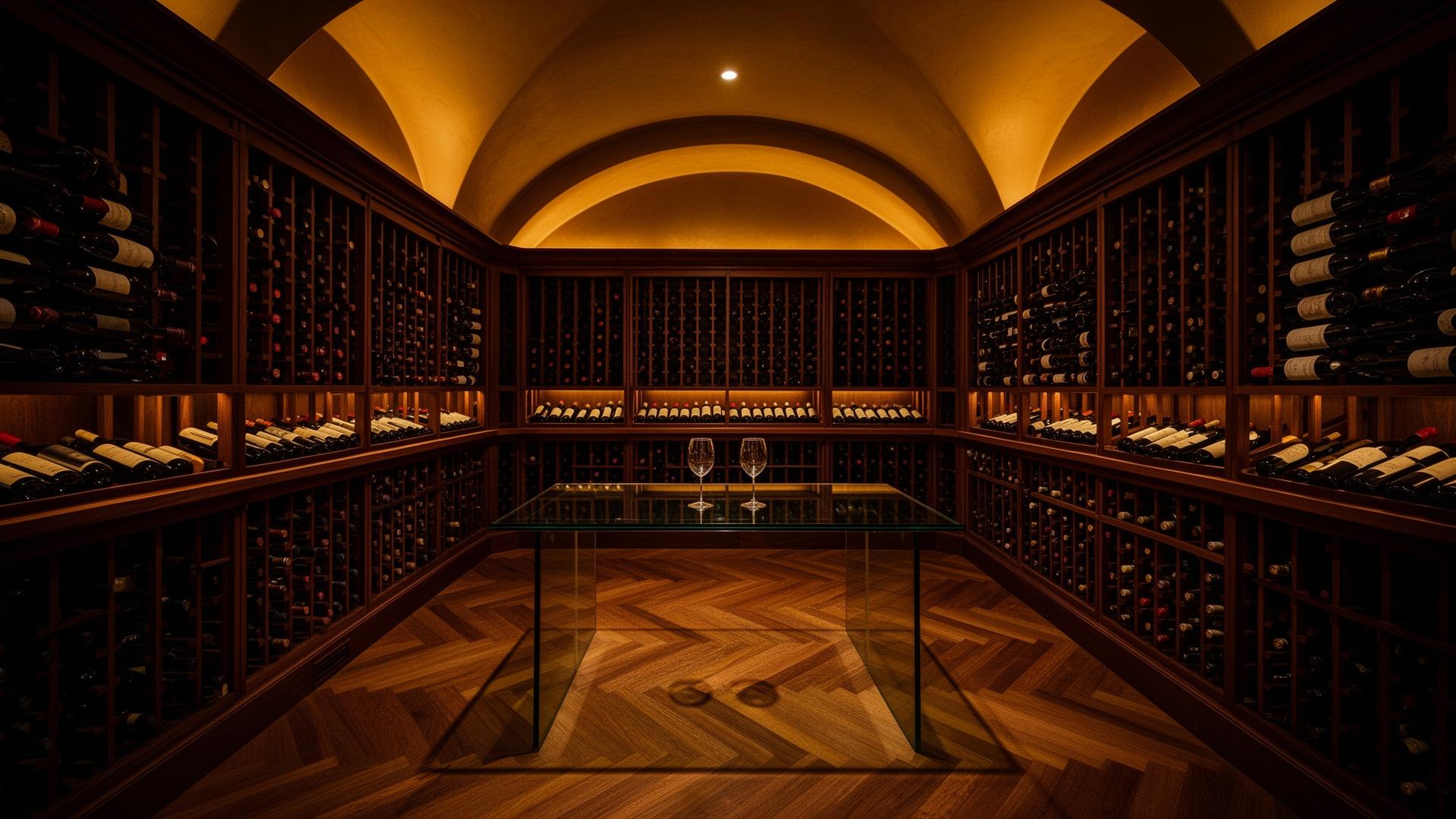 Custom built wine cellar with arched ceiling and walnut racks