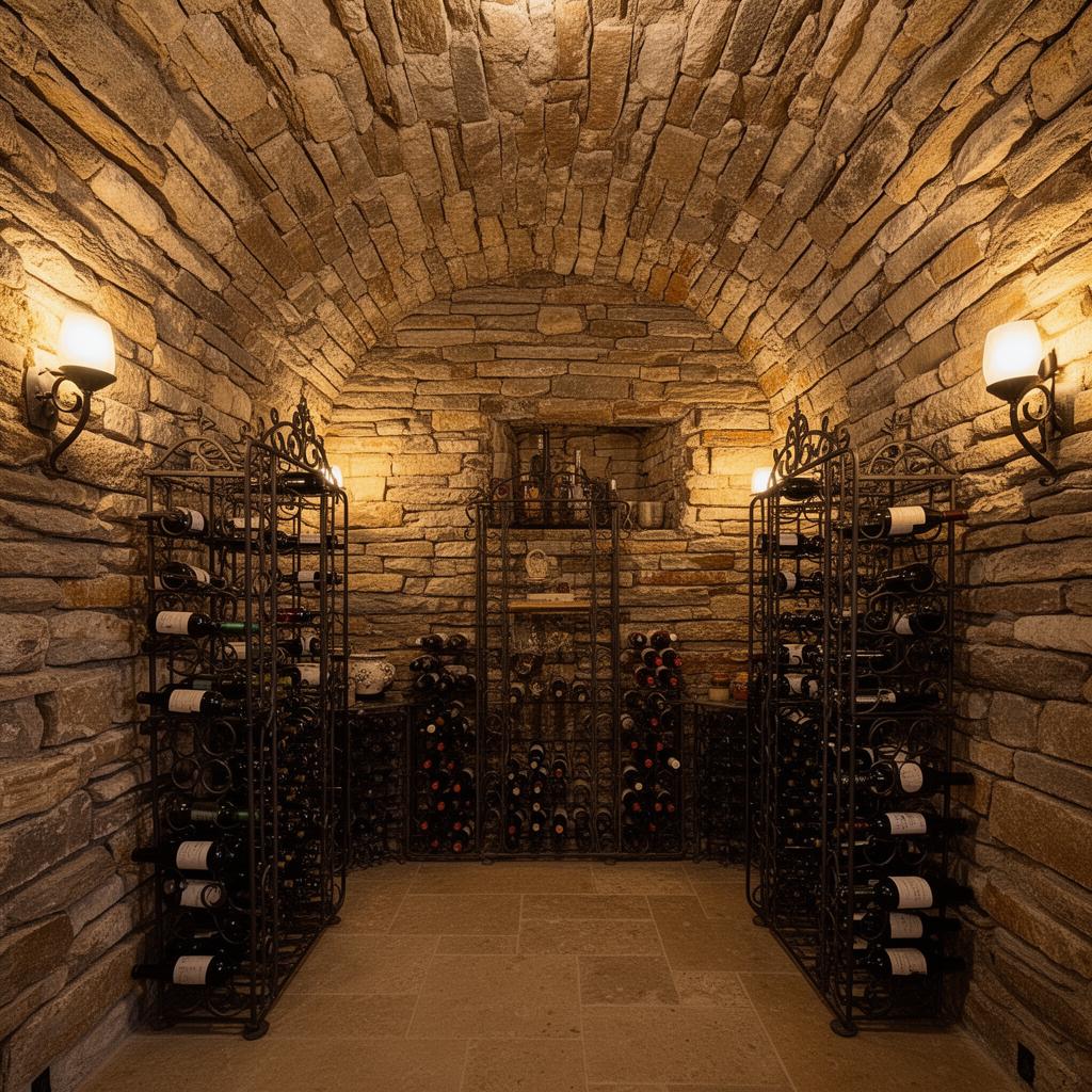 Stone wine cellar with vaulted ceiling and iron racks
