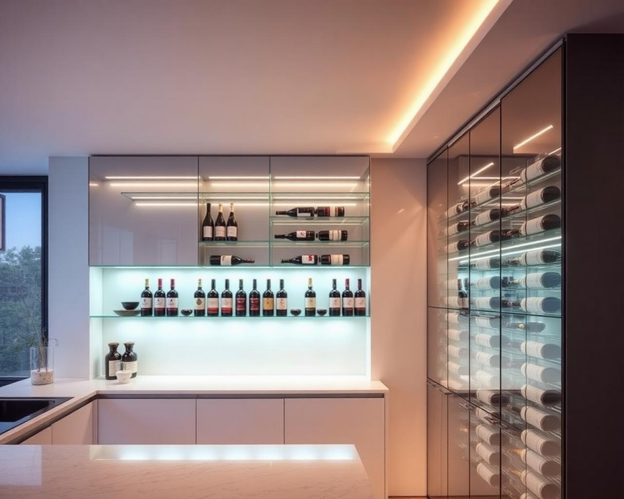 Glass wine display in luxury kitchen